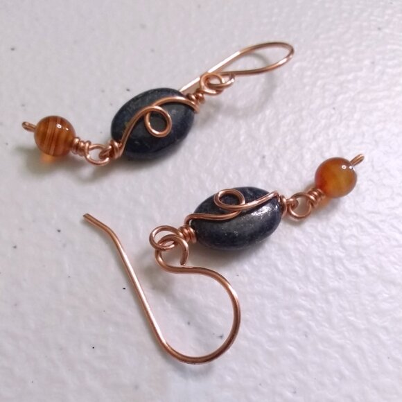 Fall Copper Earrings with Lapis Lazuli & Russet Agate ~ Handmade Boho City Chic - Picture 6 of 9